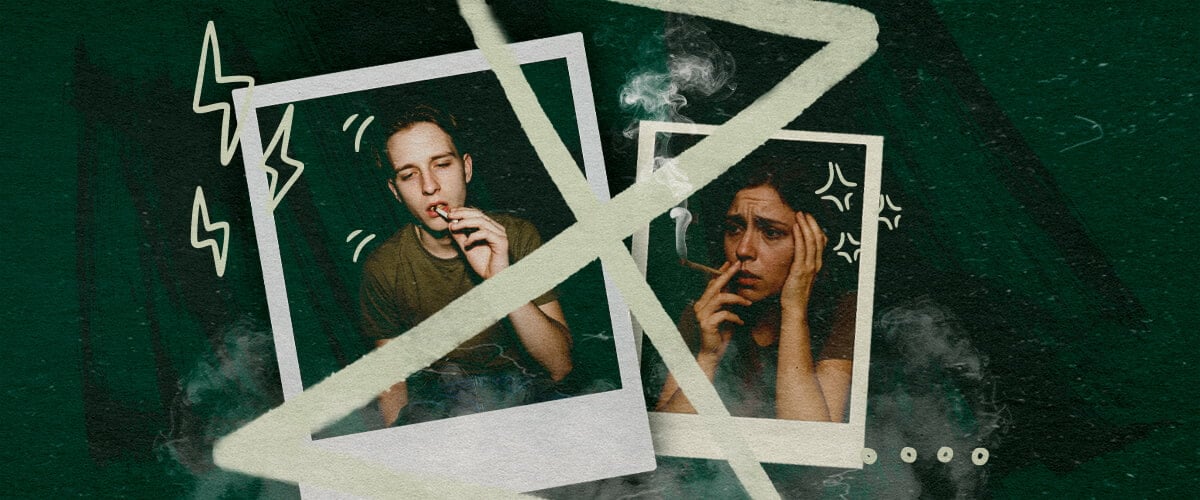 Ansia o Paranoia Dopo una Pausa di Tolleranza alla Cannabis Due persone fumano cannabis, una rilassata, l'altra ansiosa, illustrando la potenziale ansia o paranoia dopo una pausa di tolleranza.