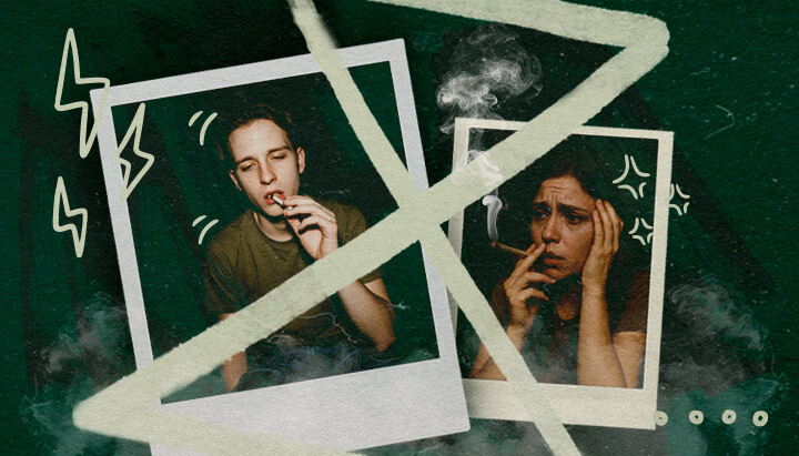 Ansia o Paranoia Dopo una Pausa di Tolleranza alla Cannabis Due persone fumano cannabis, una rilassata, l'altra ansiosa, illustrando la potenziale ansia o paranoia dopo una pausa di tolleranza.