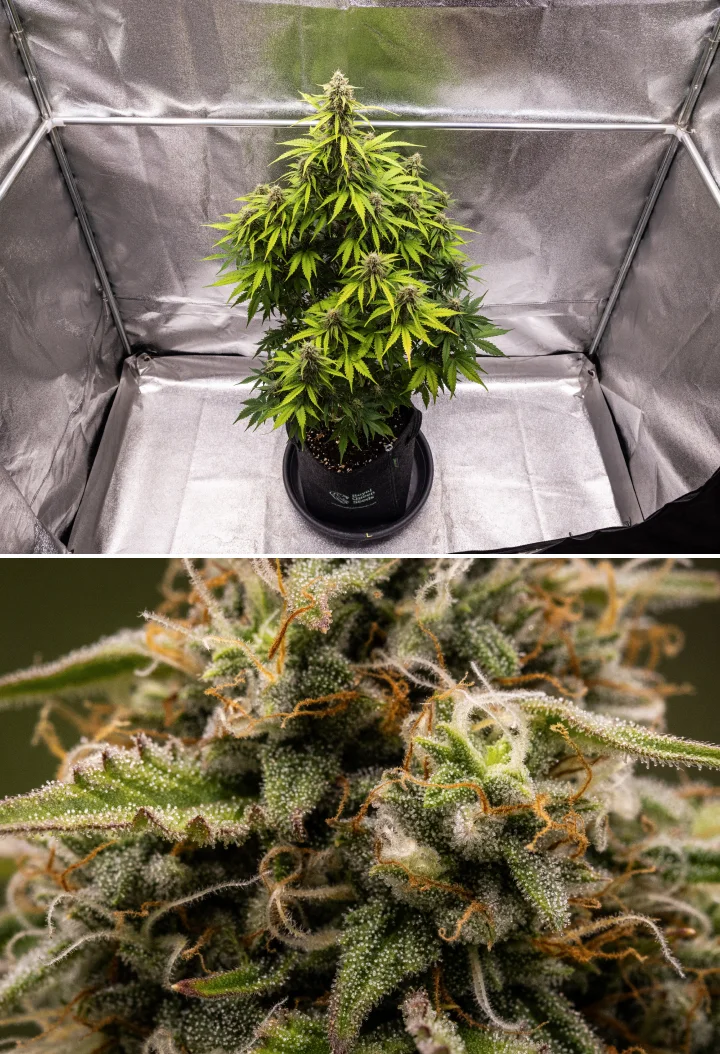 Pianta di cannabis Atlas F1 che cresce in un vaso in tessuto durante la settimana 8 del grow report, mostrando cime mature e resinose, fitta copertura di tricomi, pistilli arancioni e fioritura pronta per il raccolto.