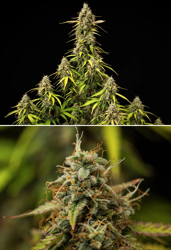 Pianta di cannabis Atlas F1 durante la settimana 9 del grow report, mostrando cime completamente mature, fitta copertura di tricomi, pistilli arancioni, foglie che scoloriscono e fioritura matura.