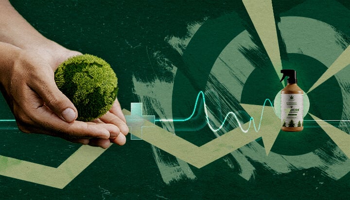 Mani che nutrono una sfera verde sana accanto a un fungicida organico, che rappresenta una protezione vegetale mirata e sostenibile con estratti di cannabis.