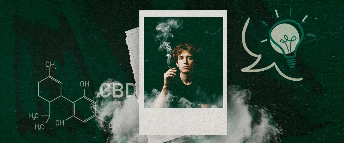Migliori Pratiche per la Reintroduzione della Cannabis Uomo che fuma cannabis, con illustrazione di molecola di CBD e icona a forma di lampadina, che rappresenta idee e migliori pratiche per l'uso di cannabis.