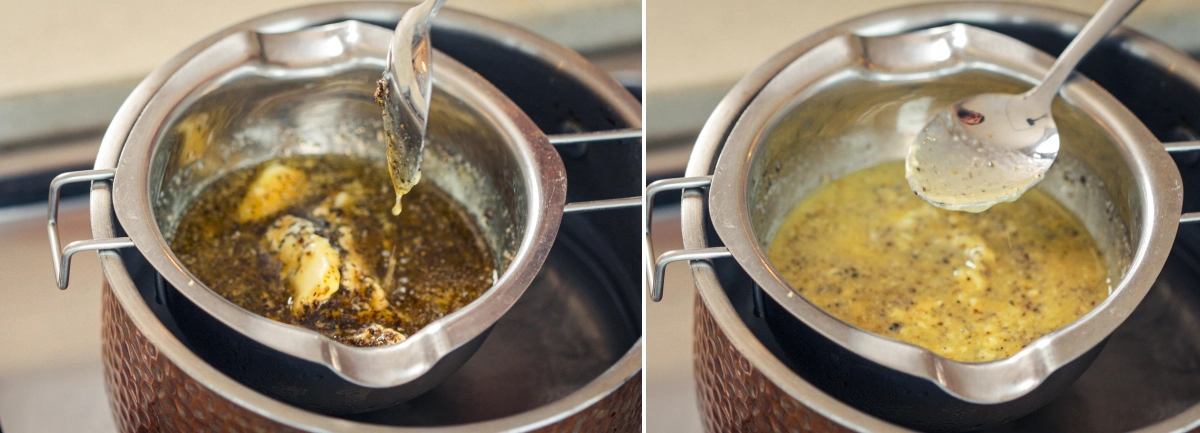 Far sobbollire delicatamente la cannabutter a bagnomaria Miscela di cannabutter che sobbolle delicatamente a bagnomaria, con un cucchiaio che mescola il burro infuso per mantenere un calore uniforme ed evitare il surriscaldamento
