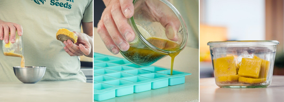 Cannabutter versata in stampi in silicone per il dosaggio, con cubetti di burro finiti conservati in un contenitore di vetro dopo aver separato il burro dall’acqua