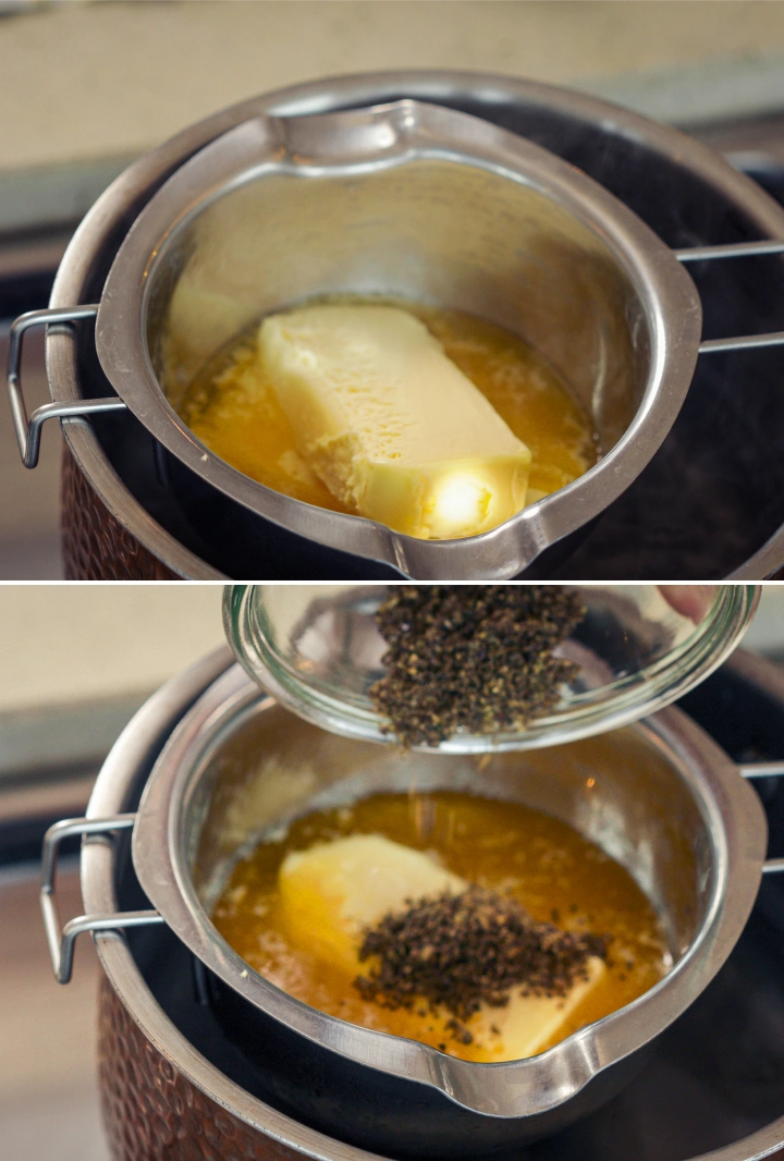 Aggiunta di cannabis decarbossilata al burro fuso per l’infusione della cannabutter Burro fuso a bagnomaria con aggiunta di cannabis decarbossilata, che mostra l’inizio di un lento processo di infusione della cannabutter