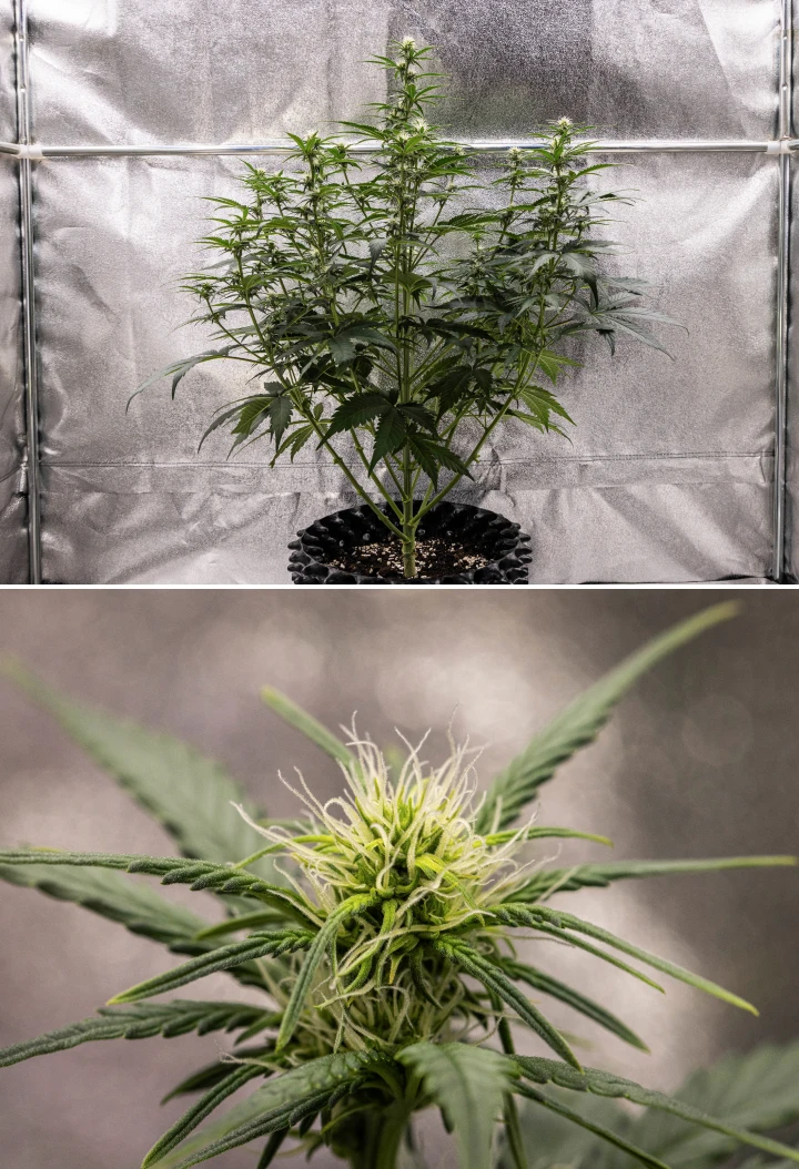 Pianta di cannabis Cosmos F1 durante la settimana 2 di fioritura, con formazione iniziale delle cime, fogliame verde sano, struttura verticale dei rami e pistilli bianchi in sviluppo tra i giorni 33 e 40 dalla germinazione.