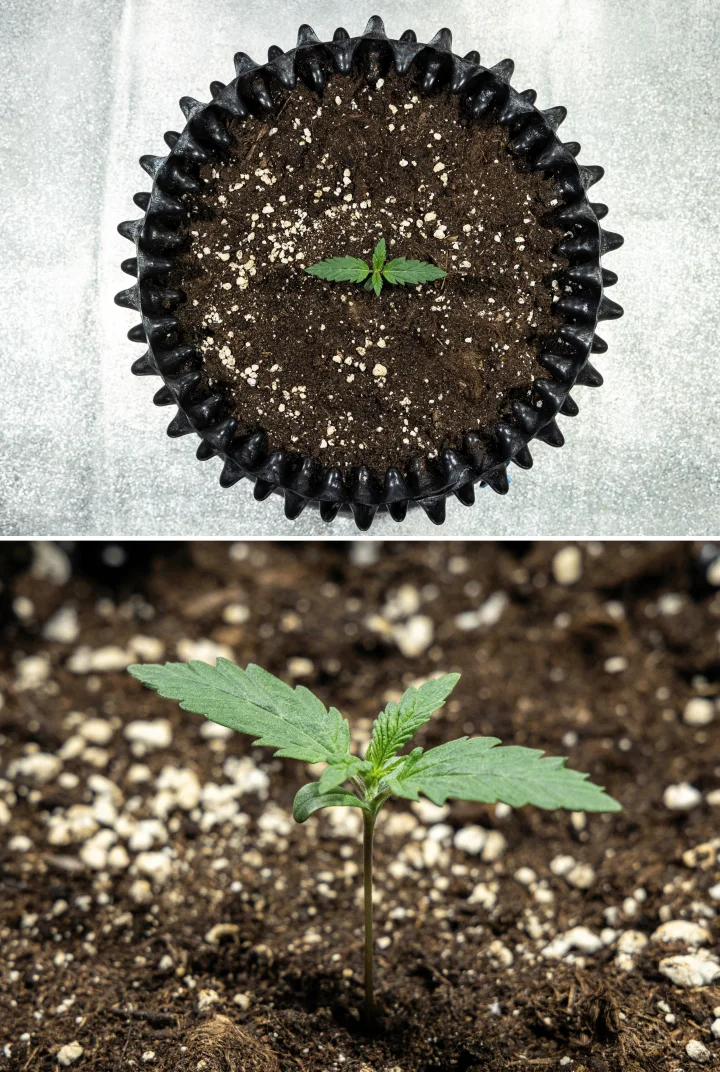 Piantina di cannabis Cosmos F1 durante la germinazione, che emerge in modo uniforme dal terreno tra i giorni 1 e 5.