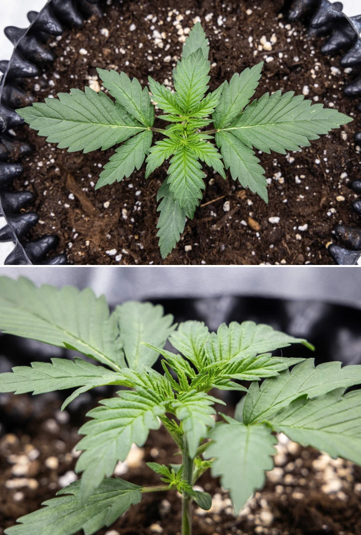 Pianta di cannabis Cosmos F1 durante la settimana 1 di vegetativa, con crescita compatta ed eretta, spaziatura uniforme delle foglie e fogliame iniziale sano tra i giorni 5 e 12 dalla germinazione.