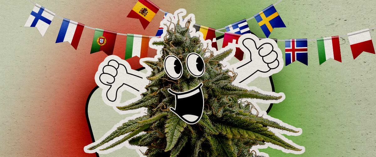 Atteggiamenti culturali nei confronti della cannabis in Europa Una pianta di cannabis cartoon felice con un grande sorriso e pollici alzati si trova su uno sfondo colorato. Bandiere europee sono appese sopra, aggiungendo un tocco festoso.