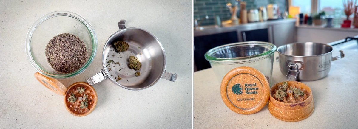 Preparazione della cannabis per la decarbossilazione Cannabis macinata e cime in un grinder, un barattolo di vetro e un pentolino prima della decarbossilazione.