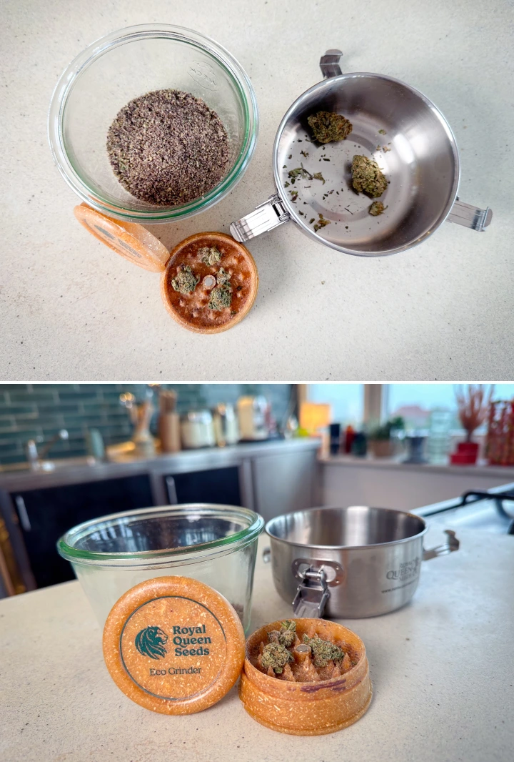 Preparazione della cannabis per la decarbossilazione Cannabis macinata e cime in un grinder, un barattolo di vetro e un pentolino prima della decarbossilazione.