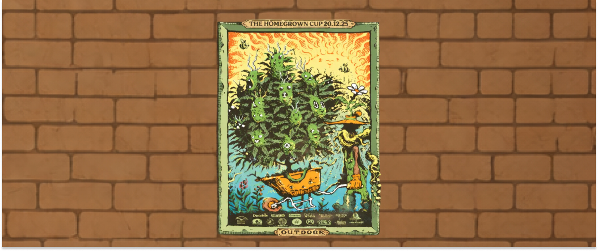 Poster illustrato della Homegrown Cup edizione Outdoor con una pianta di cannabis in una scena da giardino stilizzata