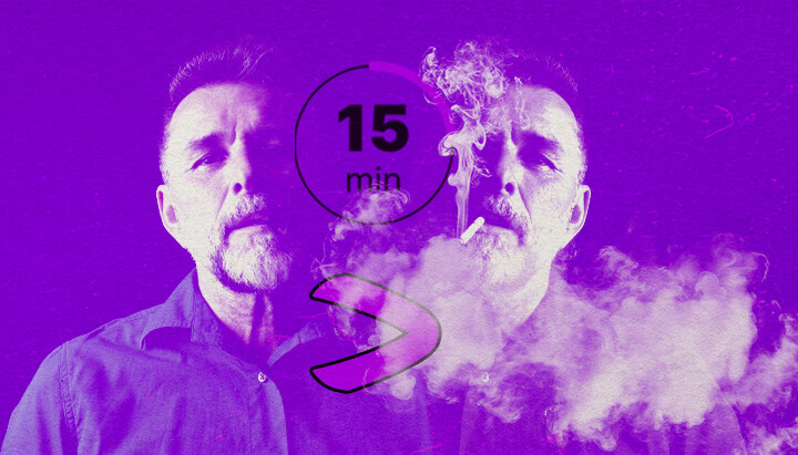 Guida Dosaggio e Consumo Vapore Cannabis Un ritratto artistico di un uomo barbuto che fuma vapore viola, con espressione contemplativa, simbolizzando i metodi di dosaggio della cannabis, su uno sfondo astratto vibrante.