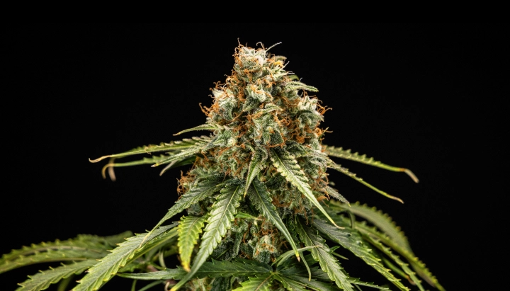 Epsilon F1: genetica F1 compatta per coltivazioni rapide Cima di cannabis Epsilon F1 con fiori densi e resinosi, pistilli arancioni, foglie verdi e una struttura di fioritura compatta su sfondo scuro.