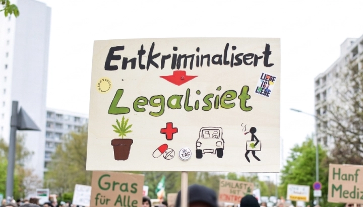 Manifestazione per la legalizzazione della cannabis in Germania Cartello a favore della legalizzazione della cannabis durante una manifestazione in Germania che chiede depenalizzazione e legalizzazione.