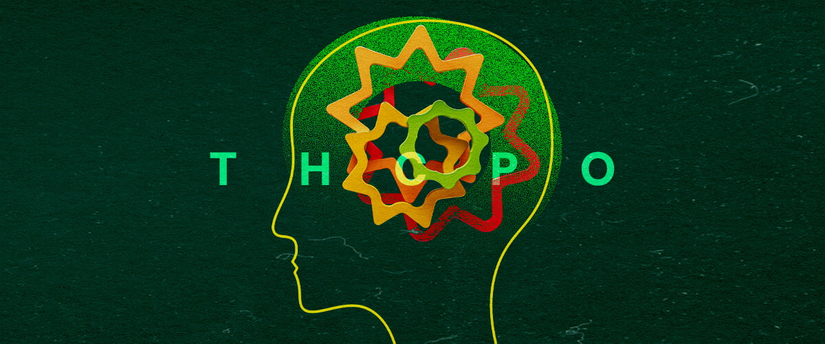 Esplora Come Funziona il THCPO nel Corpo con Questa Illustrazione Cerebrale Colorata Illustrazione vivace di un profilo di testa umana con ingranaggi colorati intrecciati e il testo