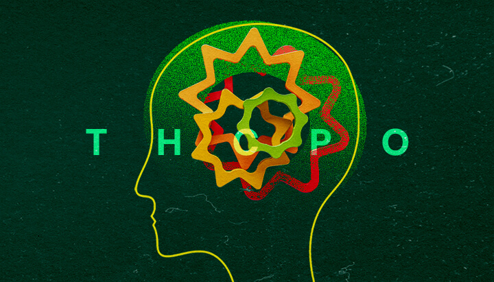 Esplora Come Funziona il THCPO nel Corpo con Questa Illustrazione Cerebrale Colorata Illustrazione vivace di un profilo di testa umana con ingranaggi colorati intrecciati e il testo