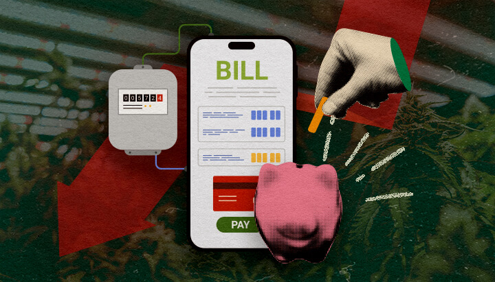 Come Ridurre Bollette Elettriche: Immagine Contatore Contatore elettrico con bolletta smartphone e salvadanaio, illustrando modi per ridurre i costi elettrici della stanza di coltivazione su sfondo verde scuro, ideale per consigli di risparmio su cannabis.