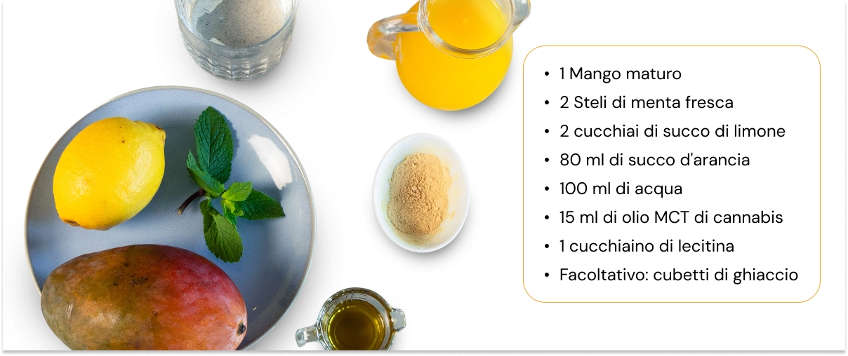 Come preparare un frullato alla cannabis con mango, agrumi e olio MCT alla cannabis Ingredienti per un frullato alla cannabis con mango, limone, menta, succo d’arancia, acqua, olio MCT alla cannabis e lecitina disposti su sfondo bianco.