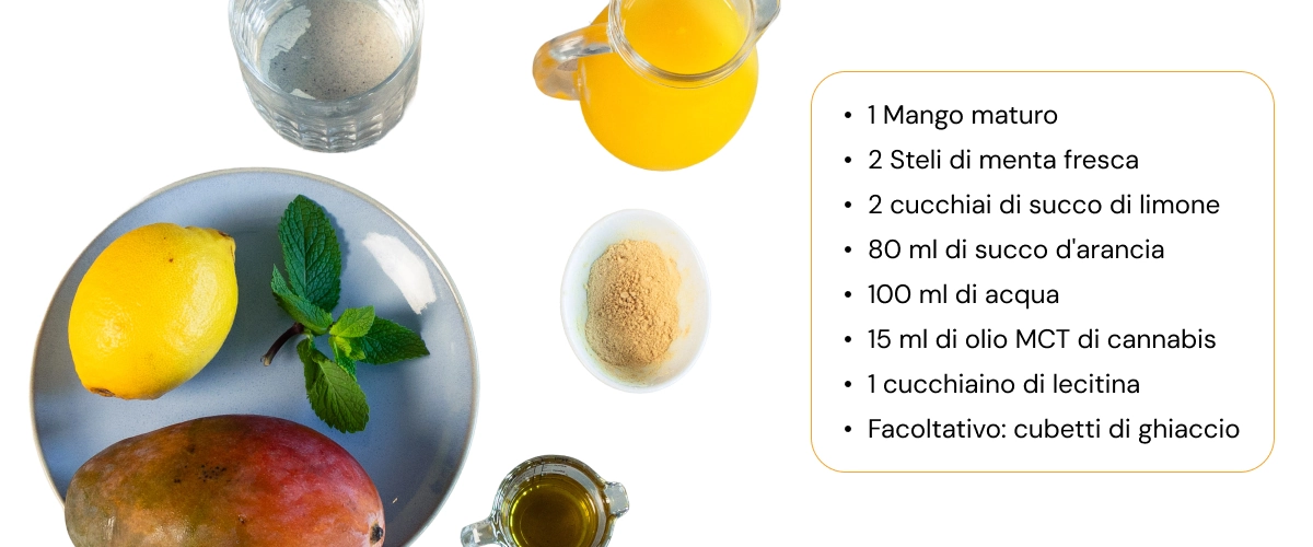 Ingredienti per un frullato alla cannabis con mango, limone, menta, succo d’arancia, acqua, olio MCT alla cannabis e lecitina disposti su sfondo bianco.