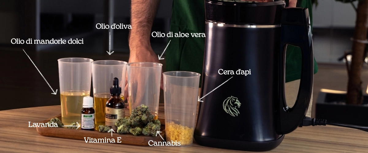 Scopri gli ingredienti naturali di un balsamo alla cannabis: oli, lavanda, vitamina E, cera d’api e cannabis