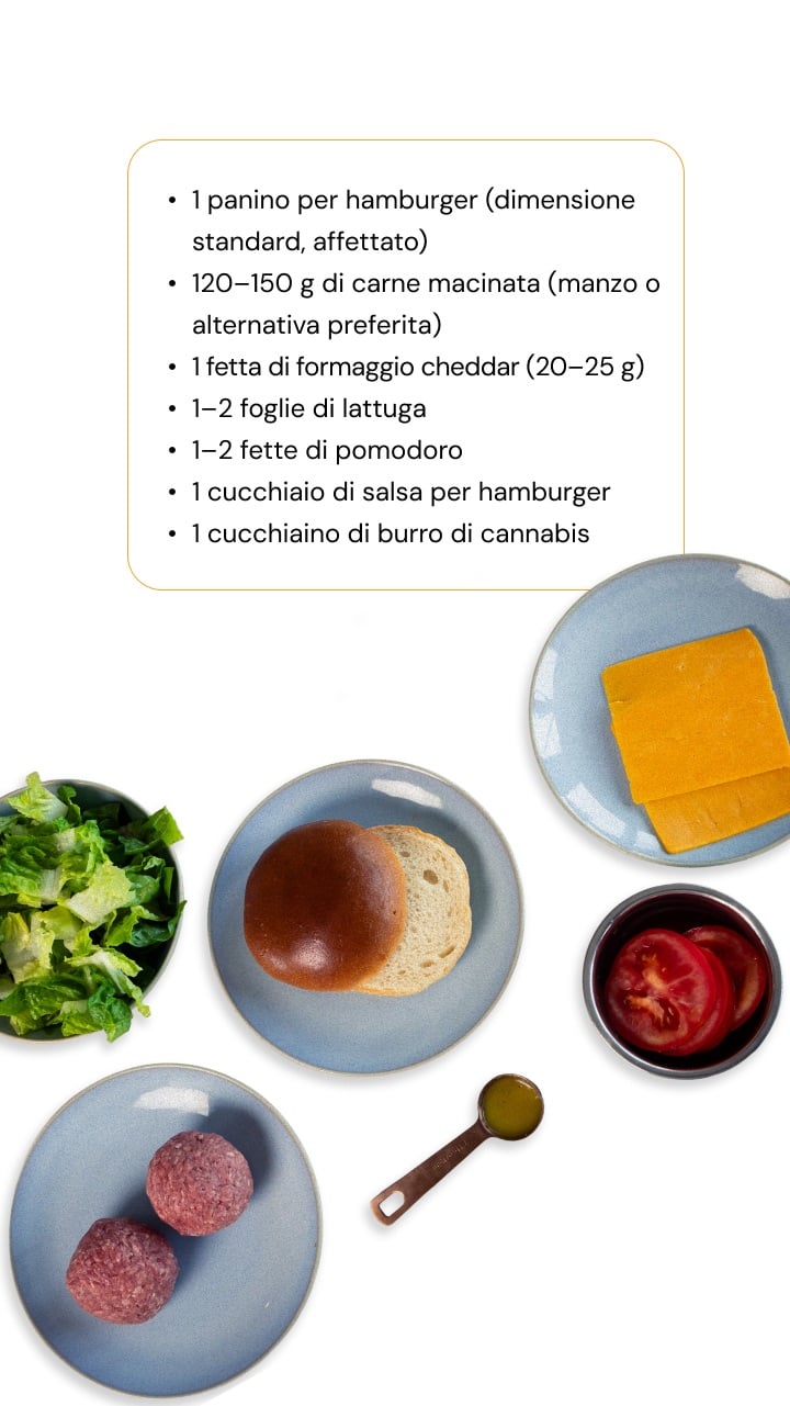 Ingredienti per un burger alla cannabis: panino per hamburger, carne macinata, cheddar, lattuga, pomodoro, salsa e burro alla cannabis