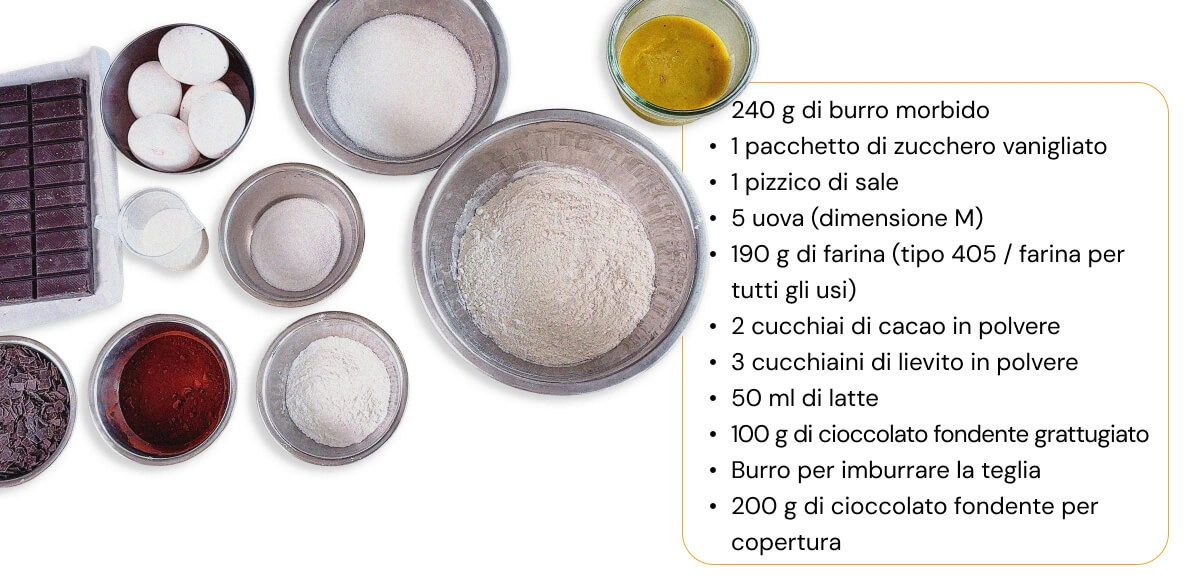 Ingredienti per una ricetta casalinga di space cake alla cannabis con farina, cacao, uova, burro, latte e cioccolato fondente