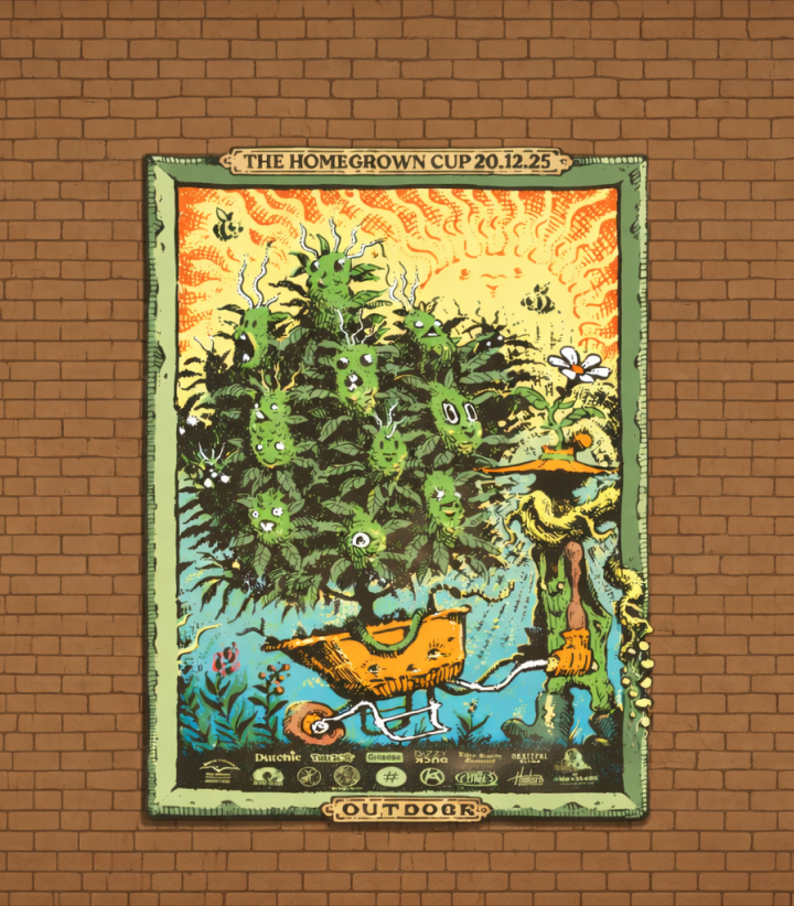 Poster illustrato della Homegrown Cup edizione Outdoor con una pianta di cannabis in una scena da giardino stilizzata