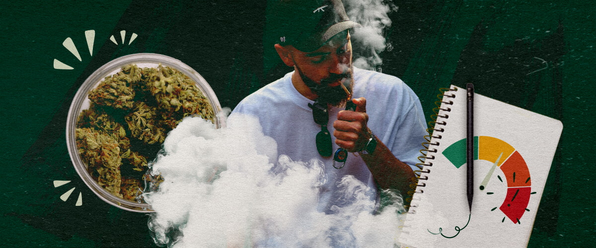 Monitoraggio della Risposta del Tuo Corpo al Cannabis Uomo che vaporizza cannabis con un barattolo di cime e un indicatore che illustra il monitoraggio della risposta corporea.