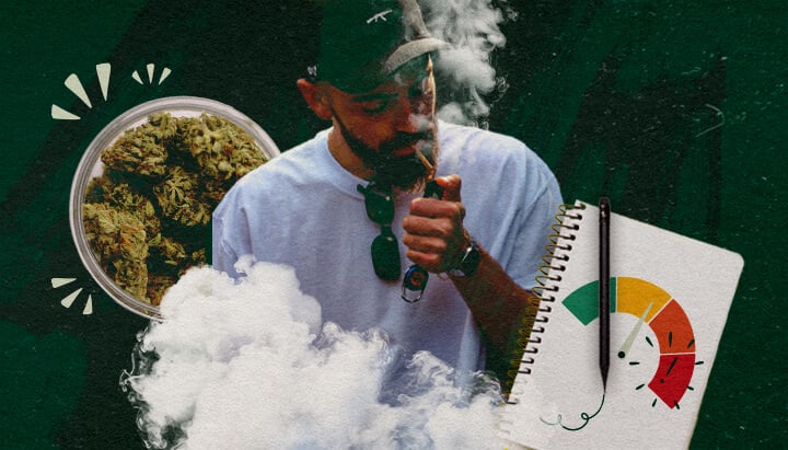 Monitoraggio della Risposta del Tuo Corpo al Cannabis Uomo che vaporizza cannabis con un barattolo di cime e un indicatore che illustra il monitoraggio della risposta corporea.