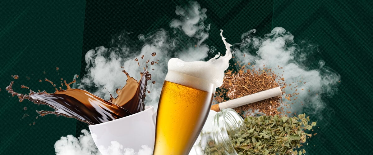 Sostanze Psicoattive Più Utilizzate: Caffeina, Alcol, Nicotina e Cannabis Esplora le sostanze psicoattive più utilizzate: caffeina, alcol, nicotina e cannabis. Questa immagine evidenzia i loro effetti e il loro uso diffuso a livello globale. Scopri le droghe psicoattive comuni.