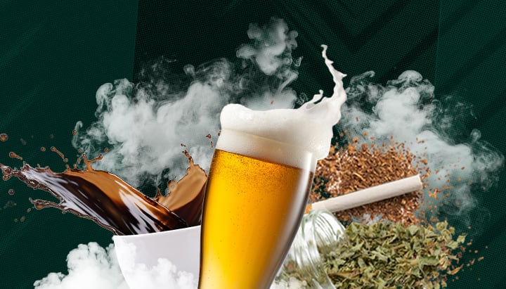 Sostanze Psicoattive Più Utilizzate: Caffeina, Alcol, Nicotina e Cannabis Esplora le sostanze psicoattive più utilizzate: caffeina, alcol, nicotina e cannabis. Questa immagine evidenzia i loro effetti e il loro uso diffuso a livello globale. Scopri le droghe psicoattive comuni.