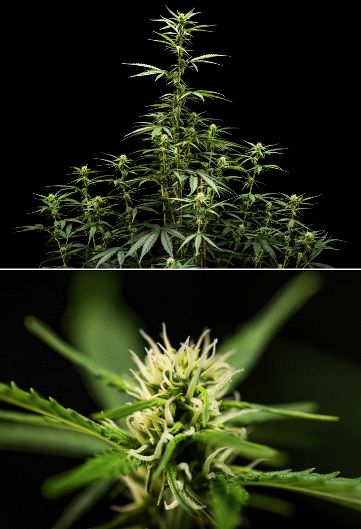 Pianta di cannabis NYC Sour Diesel Auto nella settimana 5 di fioritura, alta circa 120 cm, con allungamento continuo, siti di fioritura in espansione su tutta la chioma e formazione costante dei fiori fuori dalla grow box