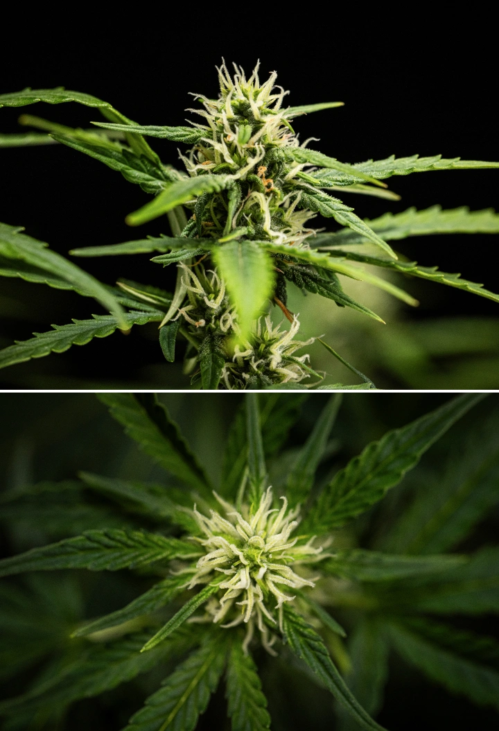 Pianta di cannabis NYC Sour Diesel Auto nella settimana 6 di fioritura, alta circa 122 cm, con crescita verticale più lenta, cime più compatte, primo sviluppo di resina e formazione floreale densa sotto luce LED