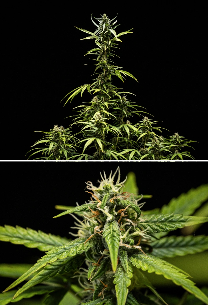 Pianta di cannabis NYC Sour Diesel Auto nella settimana 7 di fioritura con cime dense e appiccicose, maggiore produzione di resina, cola principale vicina alla luce, leggero pallore delle foglie e rami piegati con supporto