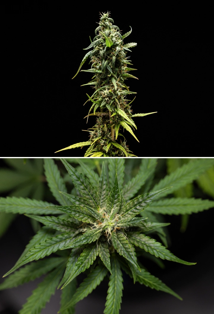 Pianta di cannabis NYC Sour Diesel Auto nella settimana 8 di fioritura con tricomi lattiginosi, cime compatte e aromatiche, intensa produzione di resina e una cola superiore leggermente meno matura vicino al raccolto