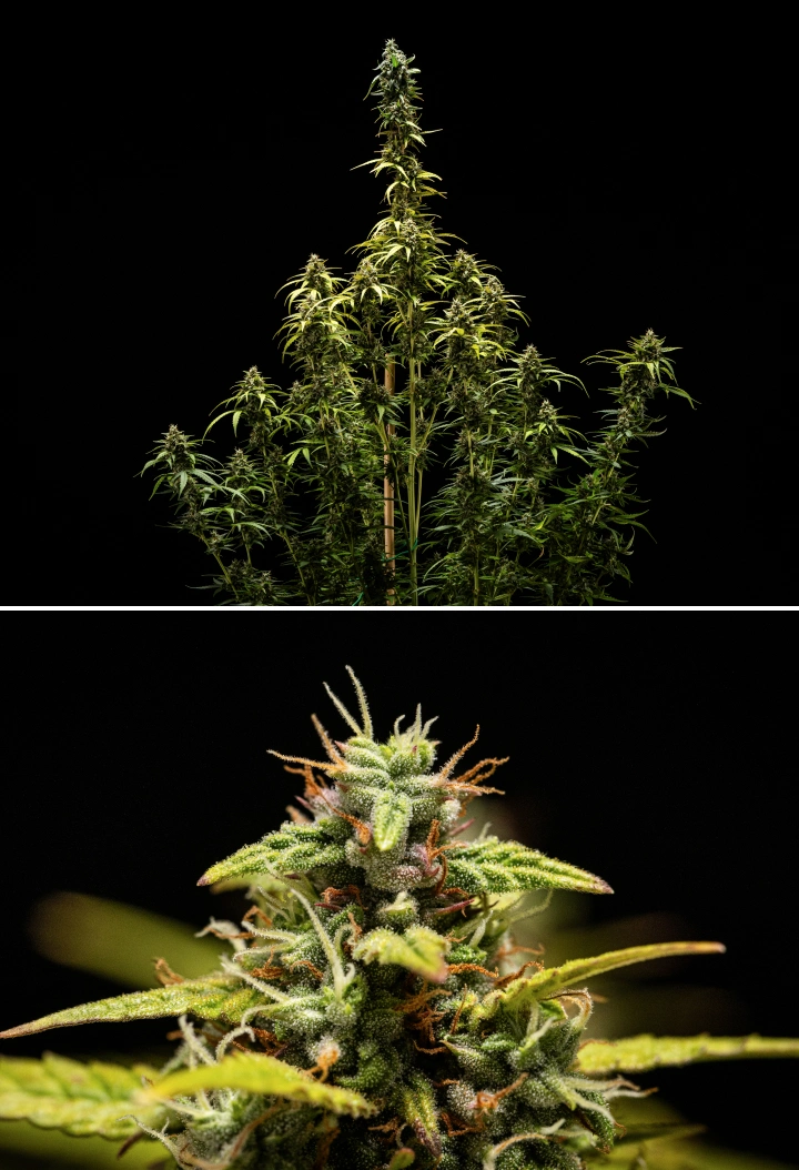 Pianta di cannabis NYC Sour Diesel Auto nella settimana 9 di fioritura al momento del raccolto, con tricomi per lo più lattiginosi, cime dense, struttura alta e leggero stress luminoso sulla cola superiore