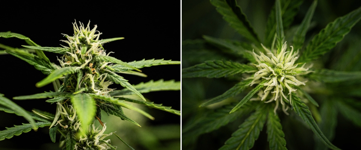 Pianta di cannabis NYC Sour Diesel Auto nella settimana 6 di fioritura, alta circa 122 cm, con crescita verticale più lenta, cime più compatte, primo sviluppo di resina e formazione floreale densa sotto luce LED