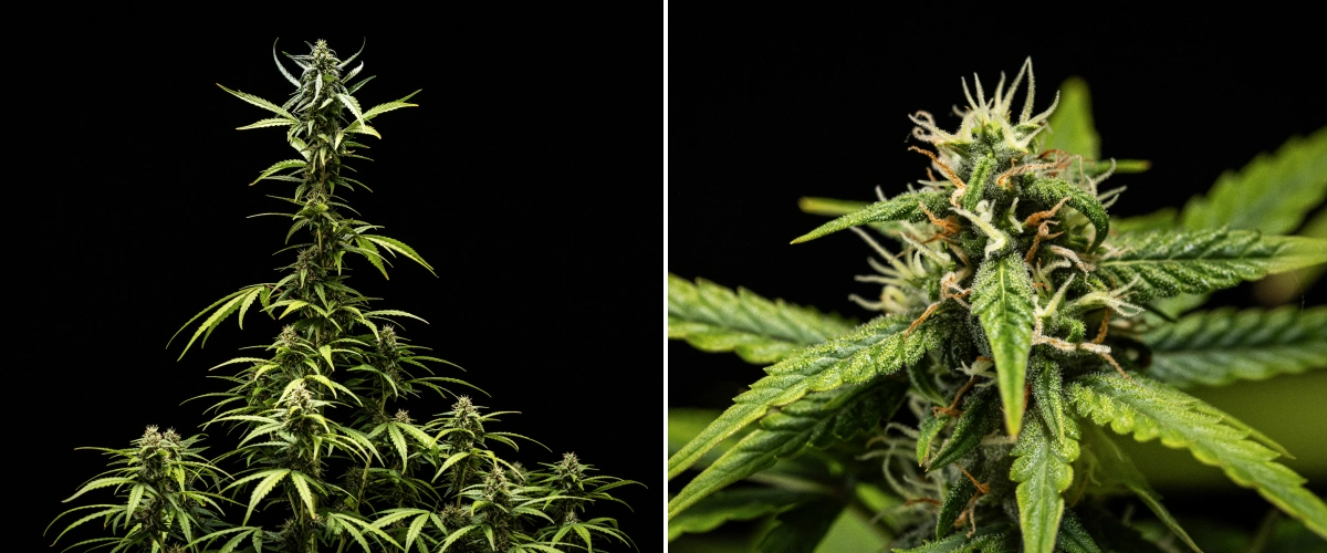 Pianta di cannabis NYC Sour Diesel Auto nella settimana 7 di fioritura con cime dense e appiccicose, maggiore produzione di resina, cola principale vicina alla luce, leggero pallore delle foglie e rami piegati con supporto