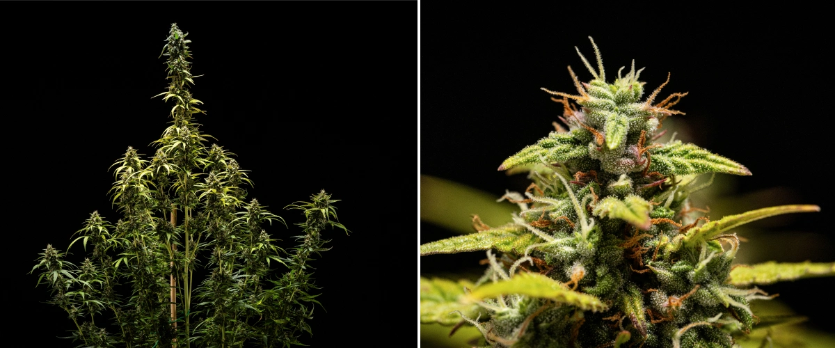 Pianta di cannabis NYC Sour Diesel Auto nella settimana 9 di fioritura al momento del raccolto, con tricomi per lo più lattiginosi, cime dense, struttura alta e leggero stress luminoso sulla cola superiore