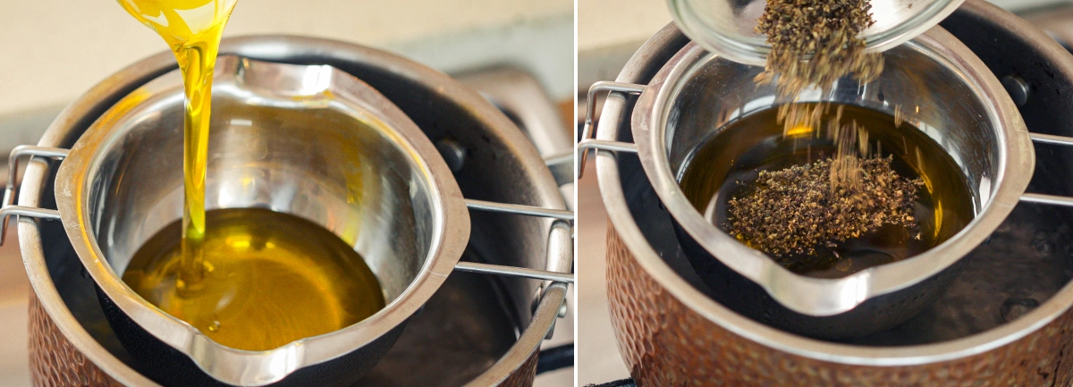 Estrazione della cannabis in olio d’oliva a bagnomaria Olio d’oliva scaldato a bagnomaria mentre viene aggiunta cannabis decarbossilata per l’estrazione.
