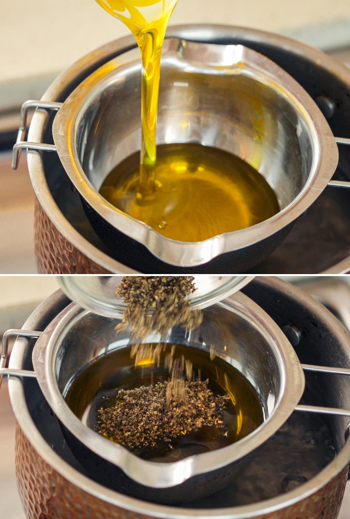 Estrazione della cannabis in olio d’oliva a bagnomaria Olio d’oliva scaldato a bagnomaria mentre viene aggiunta cannabis decarbossilata per l’estrazione.