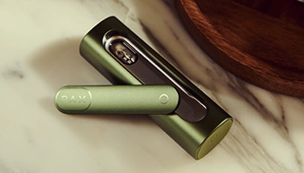 Vaporizzatore Pax Flow aperto Primo piano del vaporizzatore Pax Flow aperto che rivela la sua camera interna piena di cannabis, tenuto da una mano in un'ambientazione esterna casual con luce naturale.