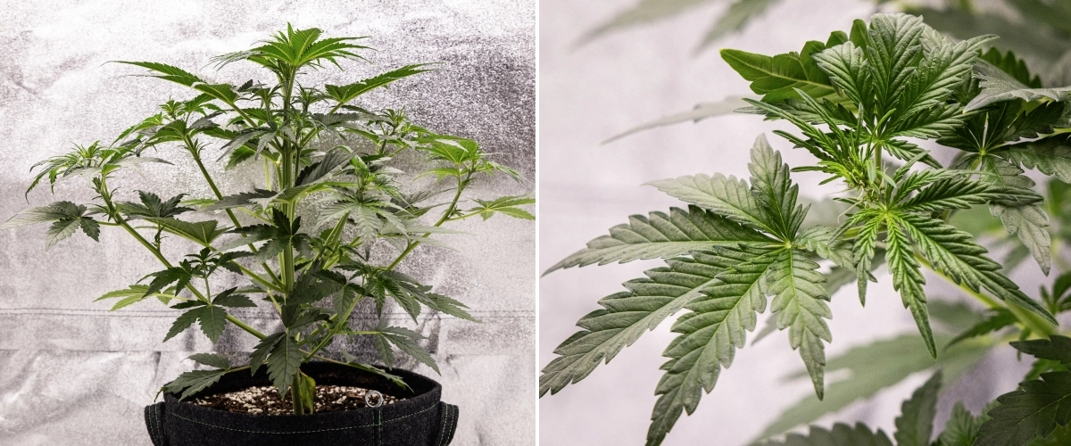Grow report Royal Creamatic: settimana 4, inizio fioritura Pianta di cannabis Royal Creamatic nella settimana 4, con inizio della fioritura, fogliame verde sano, pistilli freschi e forte sviluppo dei rami.