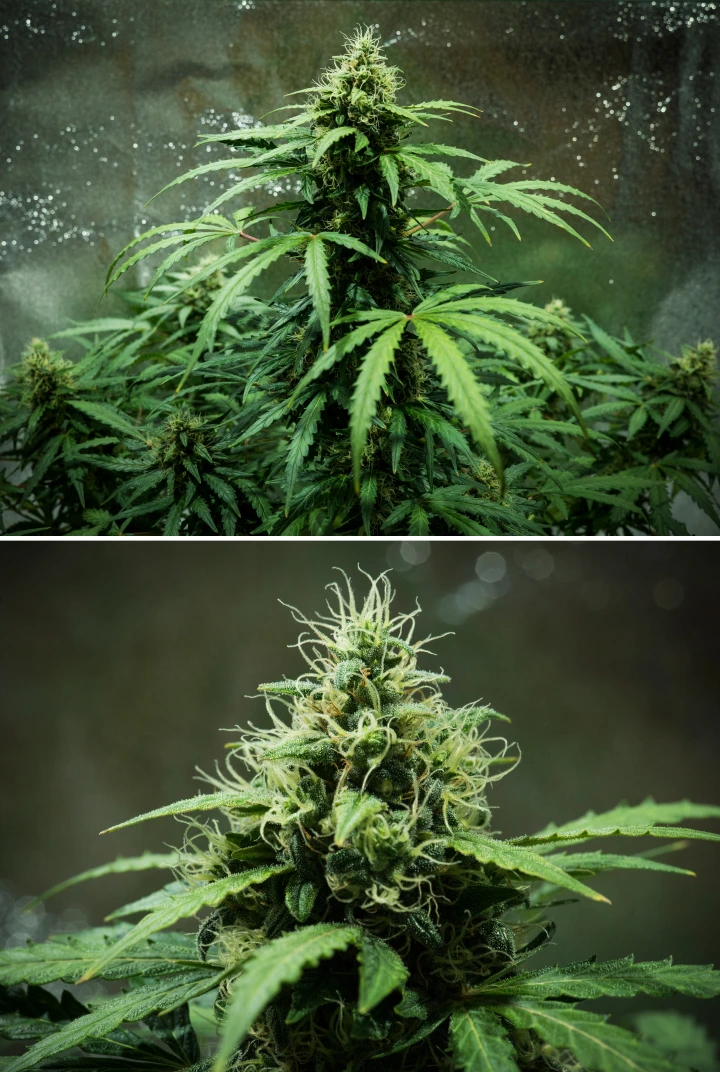 Pianta di cannabis Royal Dwarf nella settimana 7, con cime dense e appiccicose, pistilli bianchi, fiori resinosi e fogliame verde sano.