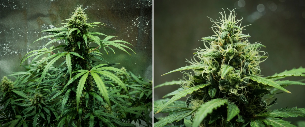 Pianta di cannabis Royal Dwarf nella settimana 7, con cime dense e appiccicose, pistilli bianchi, fiori resinosi e fogliame verde sano.