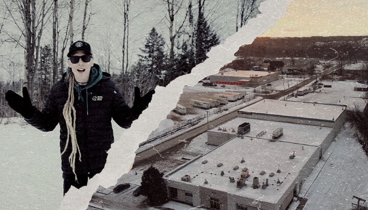 Coltivazione di Cannabis CRIC Labs in Inverno Canadese Guida Un'illustrazione di Max che si avvicina a CRIC Labs in un inverno canadese innevato, in contrasto con una sala di coltivazione interna high-tech con ibridi di cannabis, illuminazione avanzata e controllo climatico, su uno sfondo verde.