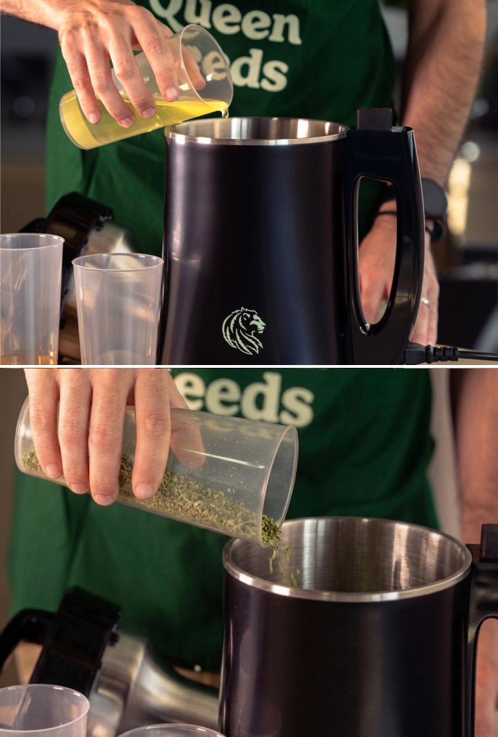 Scopri come preparare e decarbossilare la cannabis, quindi aggiungerla con oli naturali a un infusore per ottenere un’infusione omogenea di olio di cannabis.