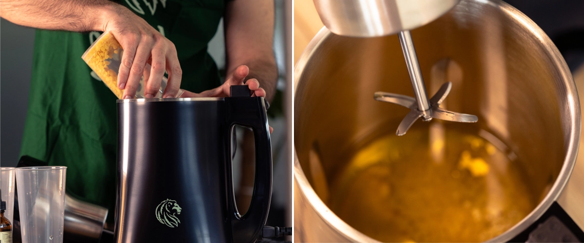 Scopri come aggiungere la cera d’api all’olio di cannabis tiepido e mescolare bene per creare un balsamo naturale alla cannabis.