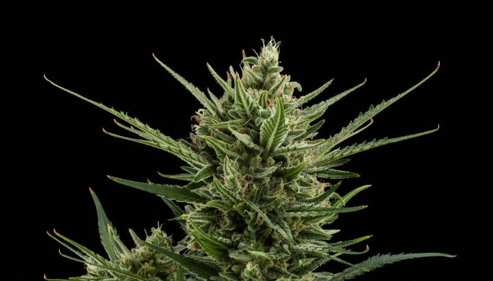 Sweet Skunk Auto: crescita compatta con resa competitiva Cima di cannabis Sweet Skunk Auto con fiori densi e resinosi, foglie zuccherine verdi, pistilli arancioni e crescita compatta su sfondo scuro.